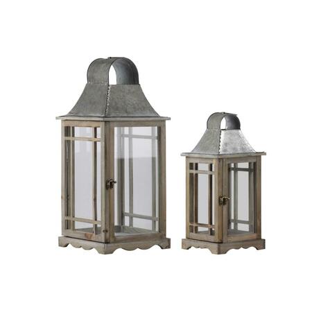 URBAN TRENDS COLLECTION Wood Square Lantern with Metal Top, Ring Handle & Side Intersecting Lines Design Body, Brown, 2PK 23806